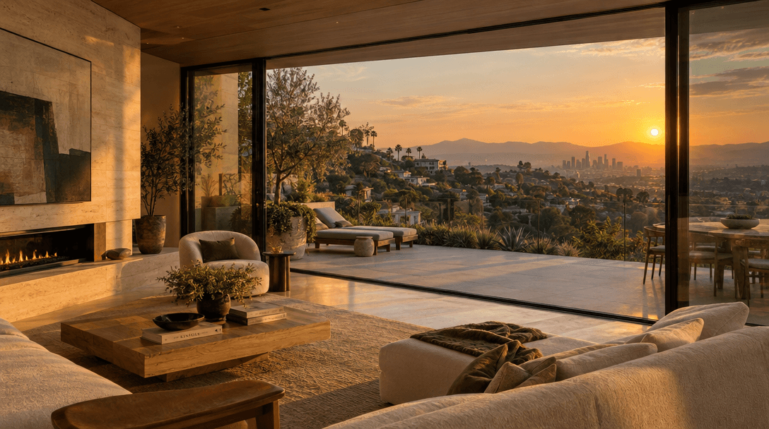 Illustrative view of a contemporary Los Angeles hillside home in warm evening light